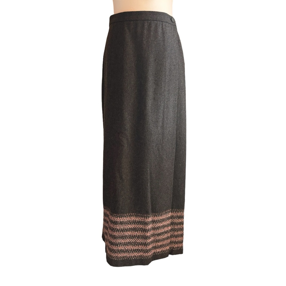 Petite Sophisticate 8P Wool Gray Pink Border Accent Wrap Lined Midi Pencil Skirt